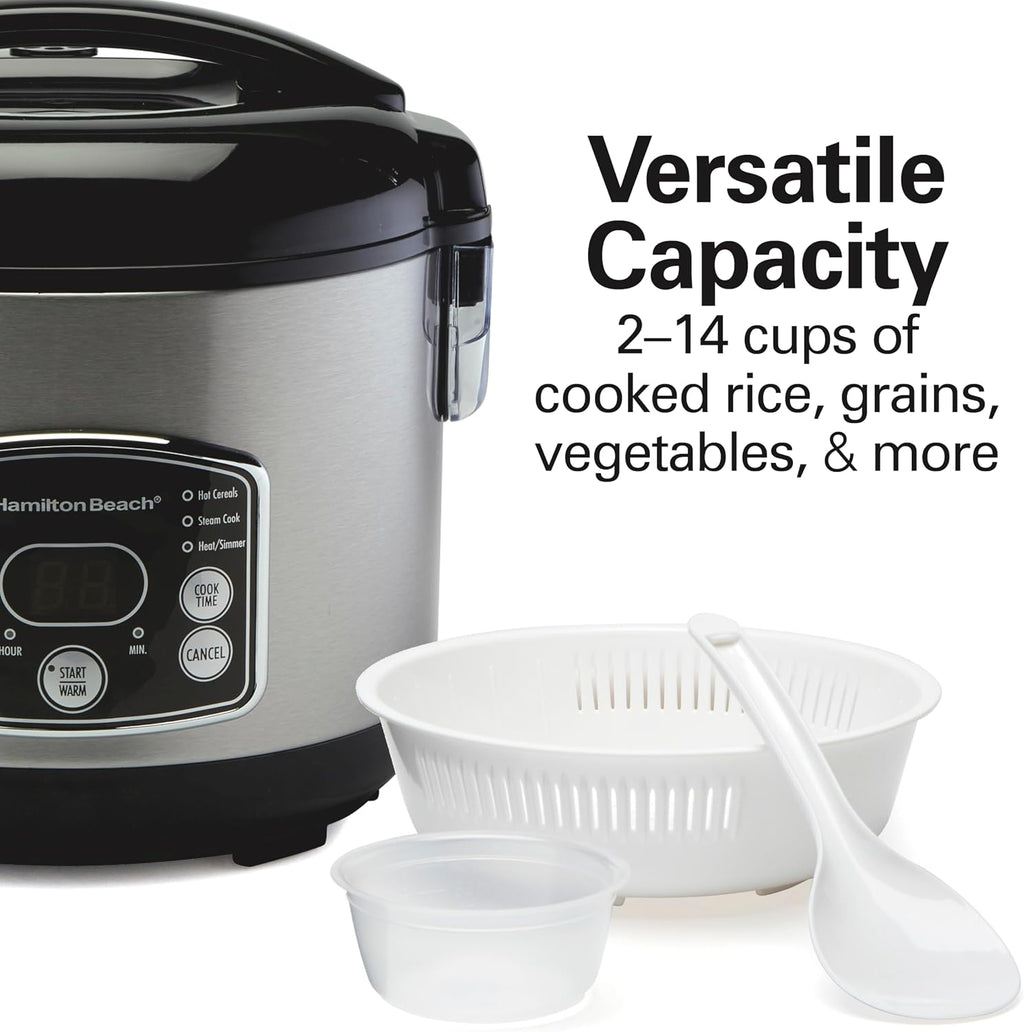 Hamilton Beach Arrocera digital programable y vaporizador de alimentos, 14 tazas cocidas (7 sin cocinar) con cesta de vapor y enjuague, acero inoxidable (37548)