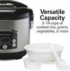 Hamilton Beach Arrocera digital programable y vaporizador de alimentos, 14 tazas cocidas (7 sin cocinar) con cesta de vapor y enjuague, acero inoxidable (37548)