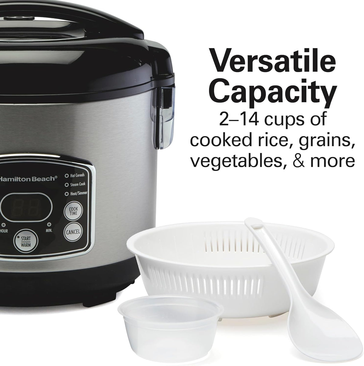 Hamilton Beach Arrocera digital programable y vaporizador de alimentos, 14 tazas cocidas (7 sin cocinar) con cesta de vapor y enjuague, acero inoxidable (37548)