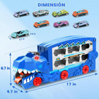 Juego de juguetes de pista de carreras de autos de transporte de dinosaurios para niños con coches de metal fundido a presión