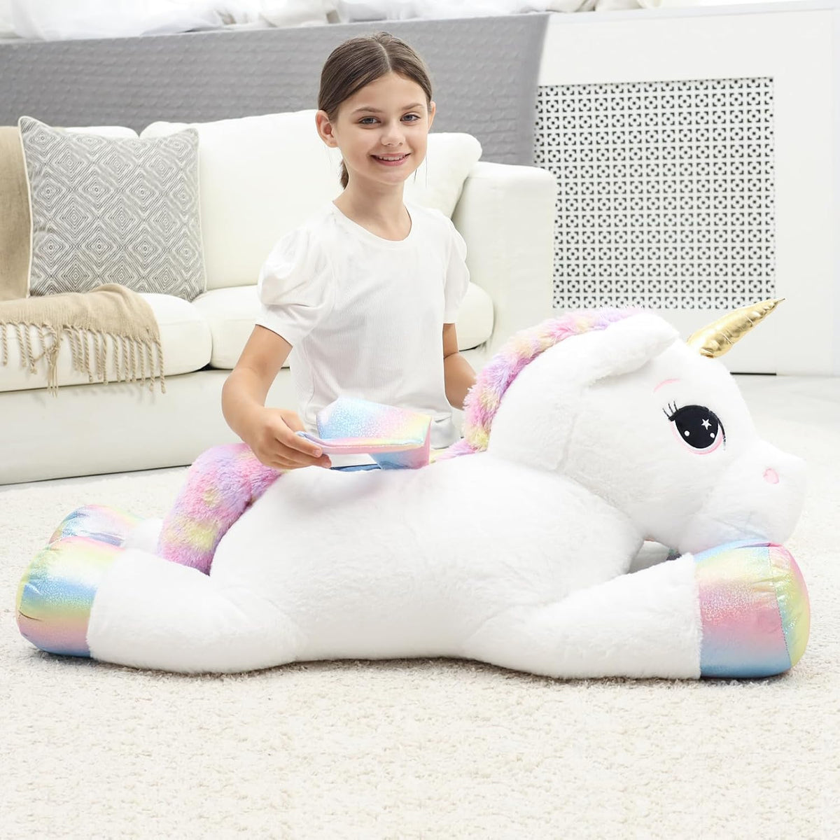 Almohada de peluche gigante de unicornio de 44 pulgadas, lindo unicornio grande suave con alas de arcoíris, juguete de peluche grande, regalos para novia, niñas, niños, cumpleaños, San