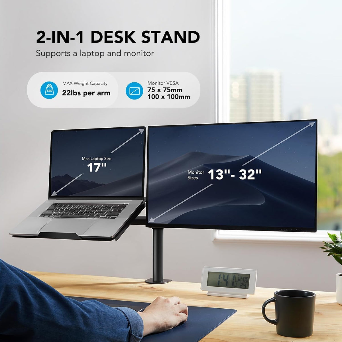 HUANUO - Brazo ajustable para monitor con bandeja para laptop, soporte de escritorio individual para monitores VESA de 13 a 32 pulgadas de hasta 22 libras, bandeja para laptop de 14 x 12 pulgadas