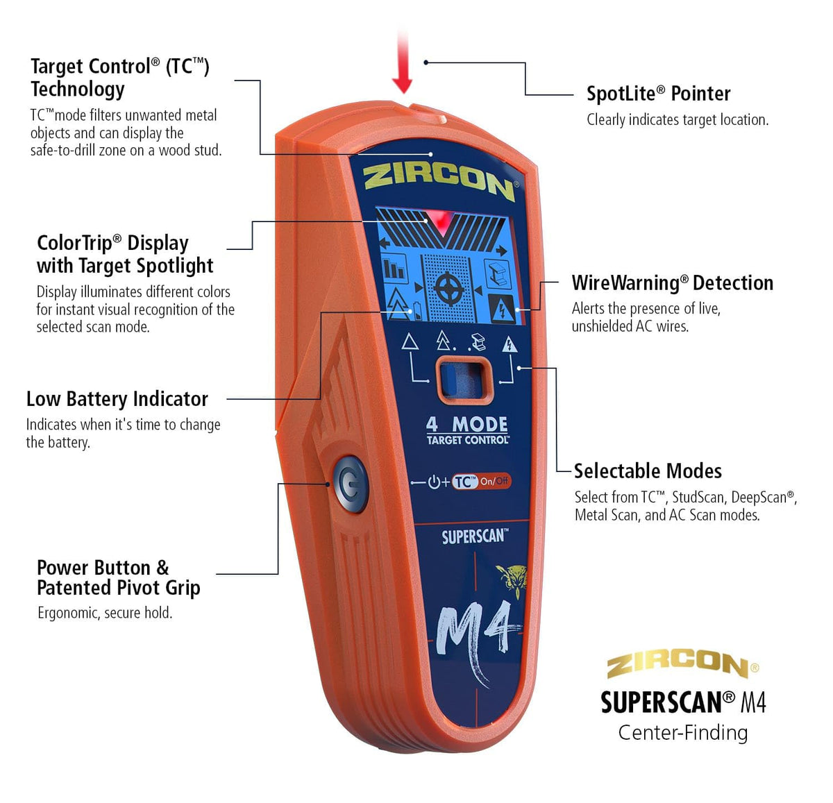 Zircon® SuperScan™ M4 Advanced Stud Finder con detección de metales y