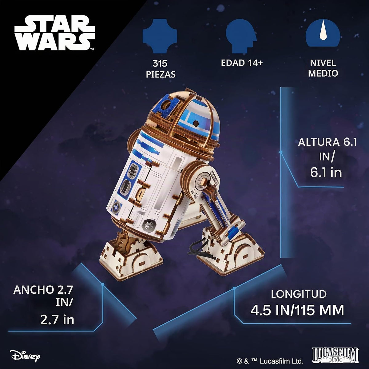 UGEARS Star Wars™ R2-D2™ Rompecabezas de madera 3D para adultos - Modelo