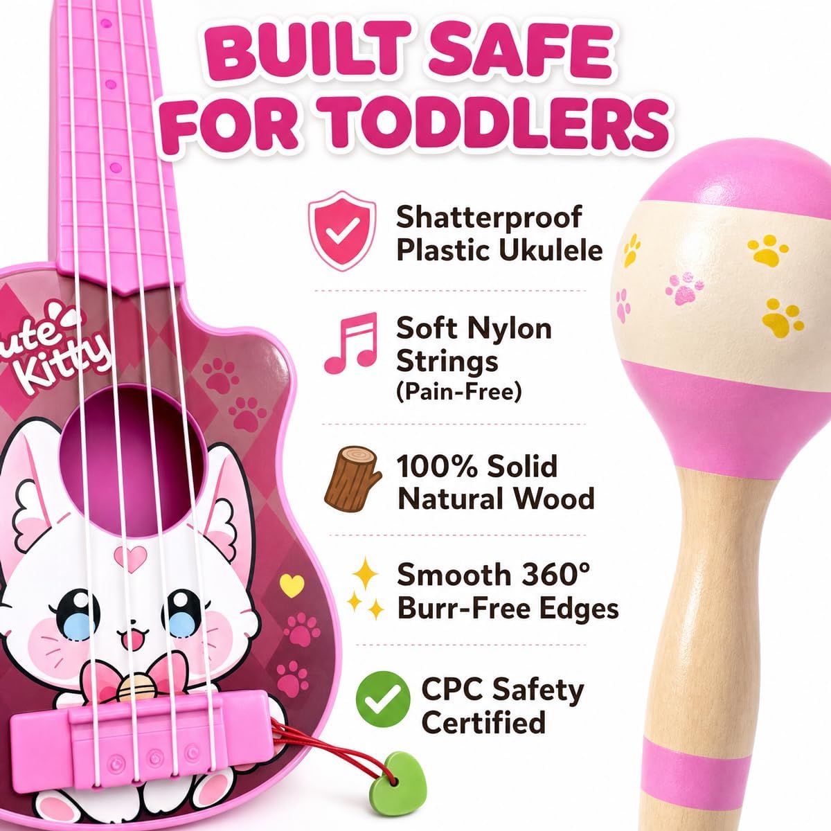 Juego de juguetes de guitarra para niños, instrumentos musicales duraderos a prueba de caídas 7 en 1 para niños de 3 a 5 años, lindo juguete de ukelele de animales con pandereta de madera, guiro