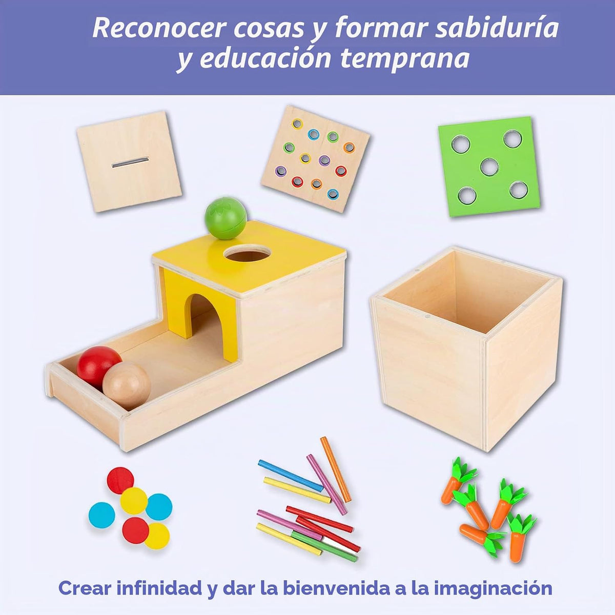 Adena Montessori Kit de Juego de Madera 4 en 1 para Bebés de 6-12 Meses