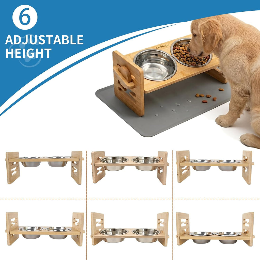 Cuencos elevados para perros y gatos pequeños, soporte elevado ajustable para perros con 6 alturas, inclinación de 15°, alfombrilla de silicona a prueba de derrames, 2 cuencos de acero inoxidable, comedero de bambú