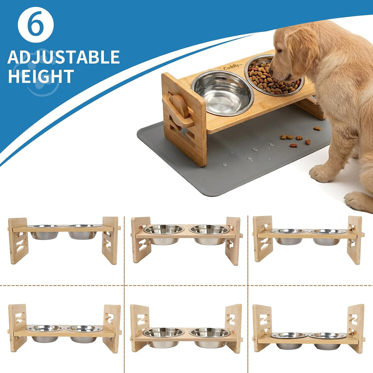 Cuencos elevados para perros y gatos pequeños, soporte elevado ajustable para perros con 6 alturas, inclinación de 15°, alfombrilla de silicona a prueba de derrames, 2 cuencos de acero inoxidable, comedero de bambú