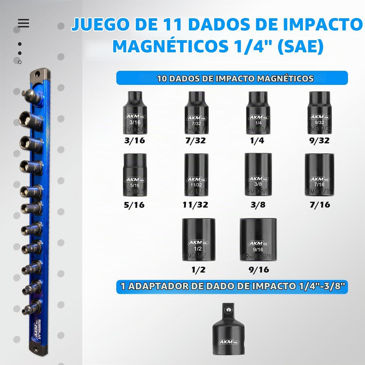 Juego de 1/4 de pulgada de dados magnéticos de impacto, 11 piezas SAE, 7/32"-9/16", 6 puntos, Cr-Mo, eje cuadrado, vasos magnéticos con adaptador, riel