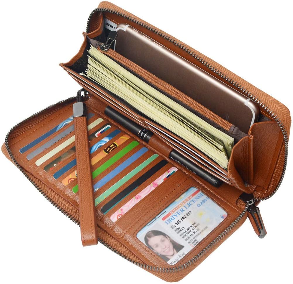 Bveyzi Cartera de piel con bloqueo RFID para mujer, con cremallera alrededor del teléfono, embrague de gran capacidad, bolso de viaje para mujer