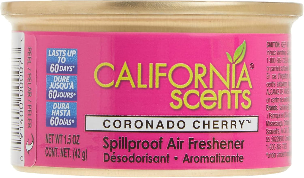 Ambientador y neutralizador de olores en lata de California Scents, juego de 12 latas a prueba de derrames para el hogar y el automóvil, aroma a cereza Coronado, fresco y audaz, 1.5 oz cada una