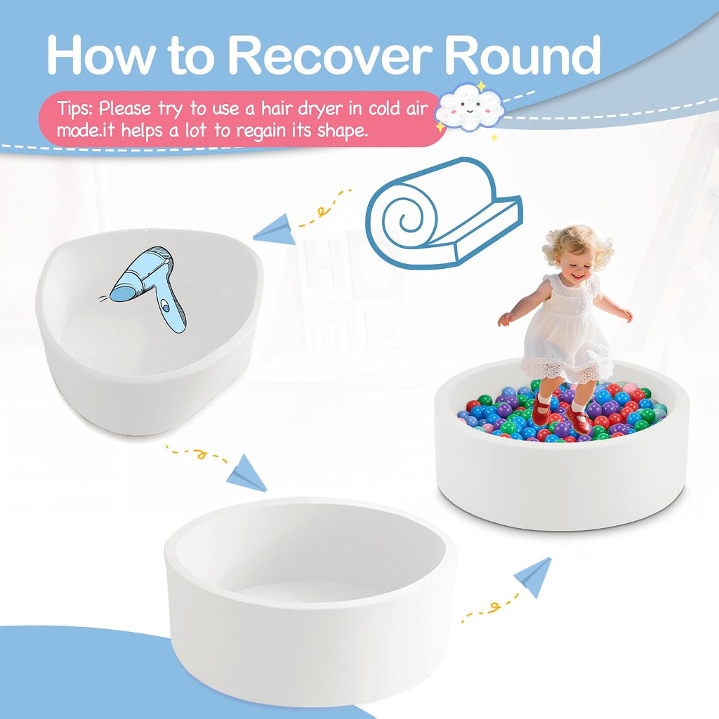 Piscina de bolas de espuma de 35.4 x 11.8 pulgadas para niños pequeños, pelotas redondas para bebés de 1 a 3 años, pelotas de juego para niños y niñas, pelotas no incluidas, color blanco