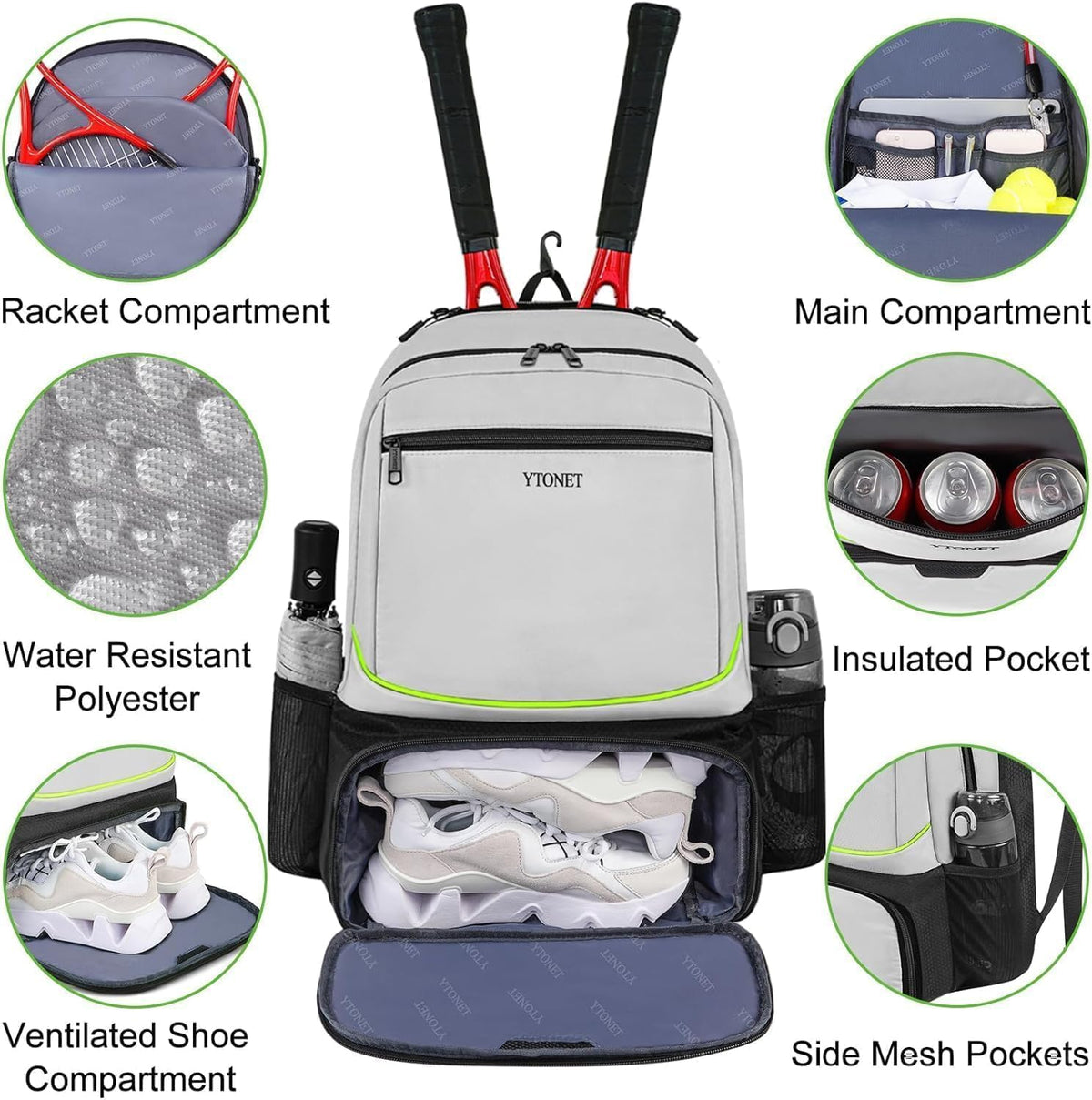 Ytonet Mochila de tenis para mujeres y hombres, 2 raquetas