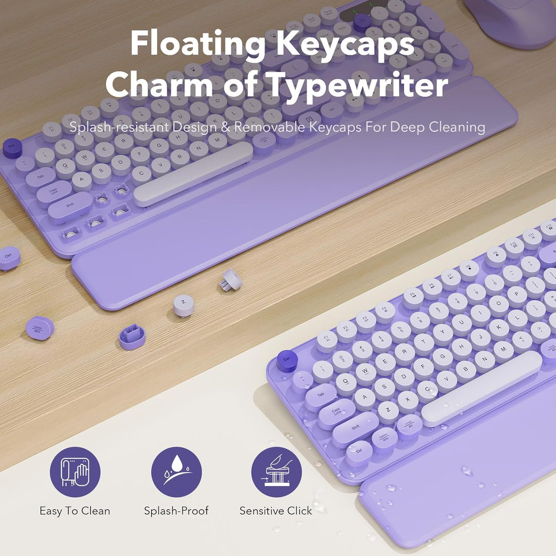 Wireless Keyboard and Mouse Combo, Round Keycaps, Full-Size Retro T...