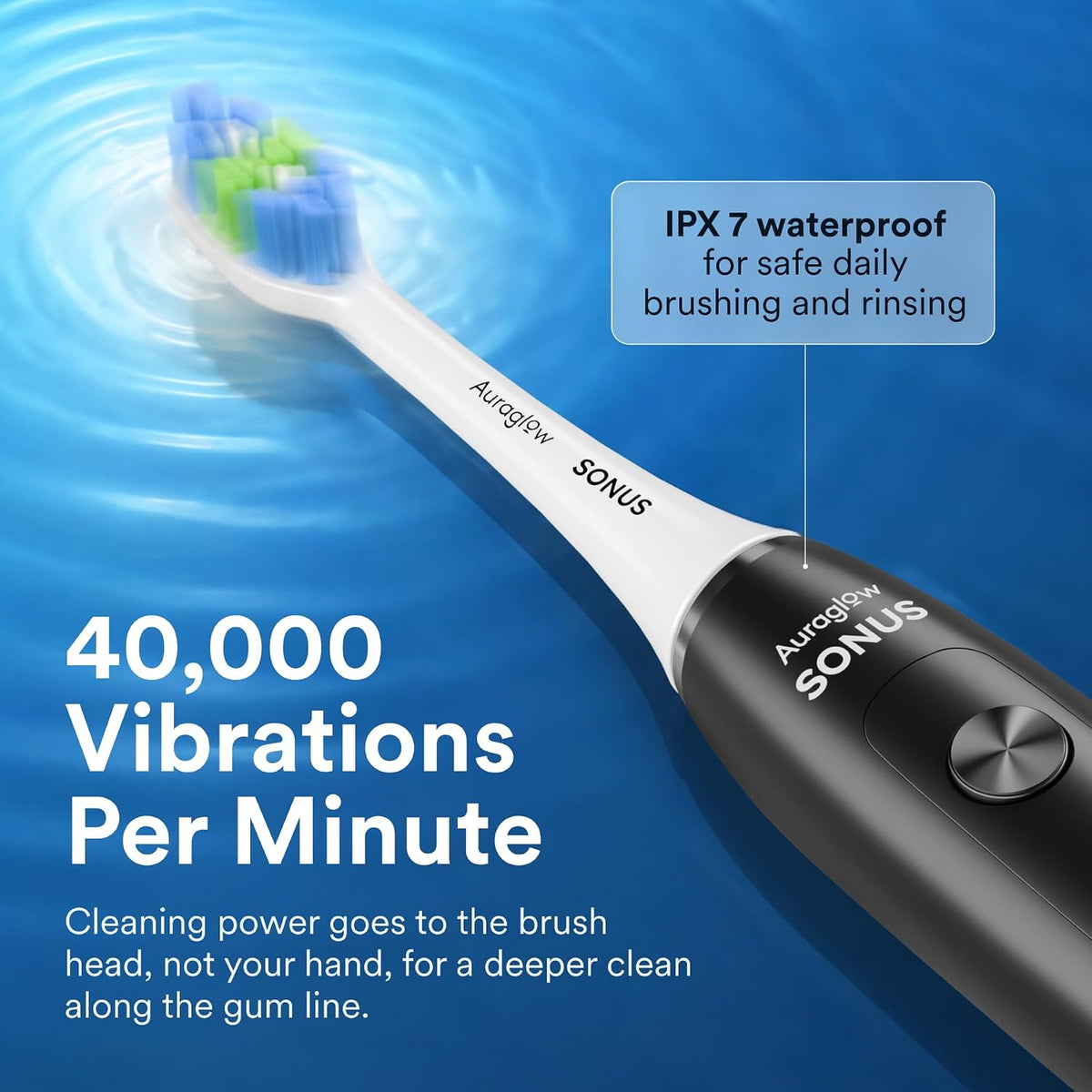 AURAGLOW - Cepillo de dientes eléctrico para adultos, cepillo de dientes sónico fuerte, 40,000 VPM, recargable, 5 modos, elimina 10 veces más placa, IPX7, batería de 30 días, 2 cabezales de cepillo y