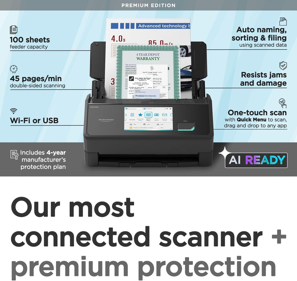 ScanSnap Escáner de documentos de alta velocidad inalámbrico o USB iX2500