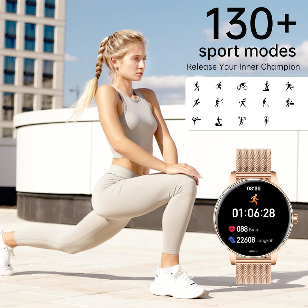 Reloj inteligente para mujer (respuesta/hacer llamadas), pantalla HD de 1.27 pulgadas con monitor de frecuencia cardíaca/sueño, más de 130 modos deportivos IP68 impermeable seguimiento de actividad