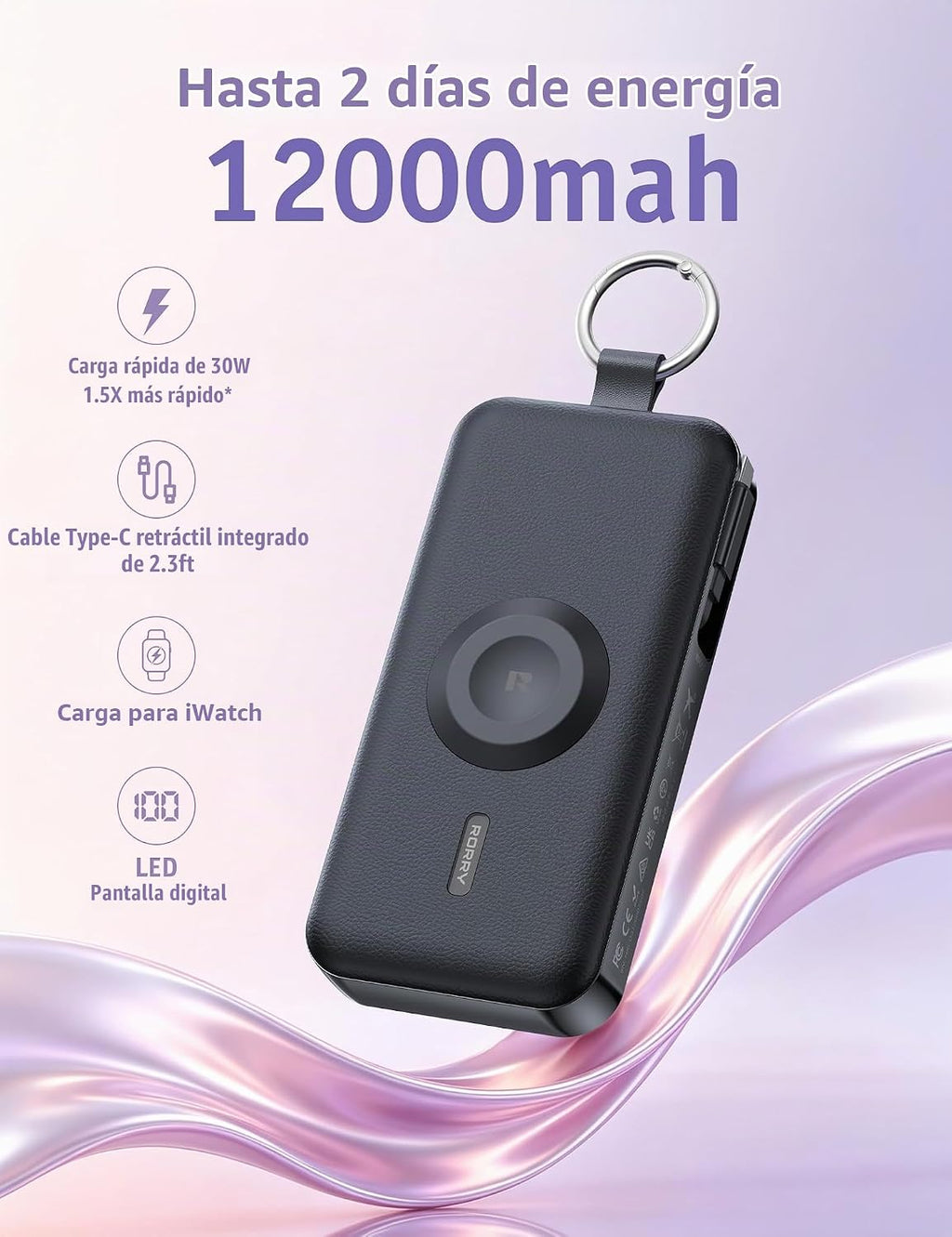 RORRY CharmGo Cargador portátil 3 en 1 iPhone Power Bank para Apple, Negro