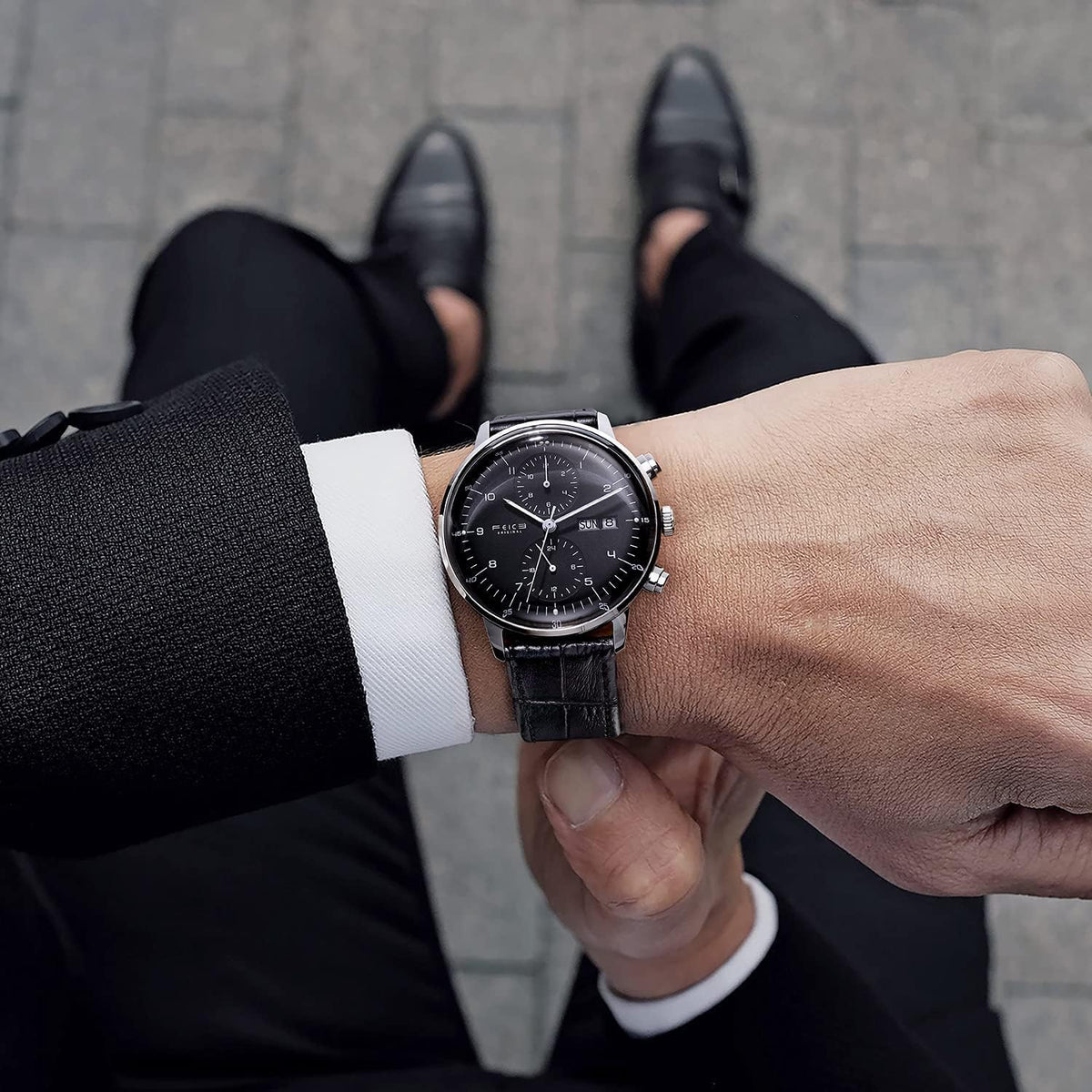 FEICE Relojes para Hombres Bauhaus Reloj Automático de Acero Inoxidable Reloj Mecánico Pulsera Casual Vestimenta para Hombres con Correas de Cuero Fecha -FM121