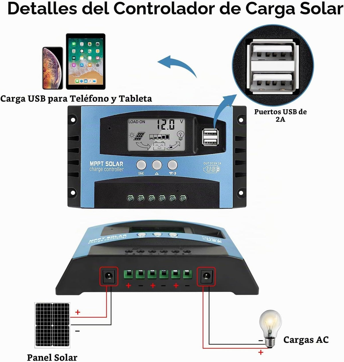 Controlador de carga de panel solar MPPT de 60 A, controlador de cargador de batería solar automático de 12 V/24 V con pantalla LCD, puerto USB dual y temporizador de ajuste de horas de