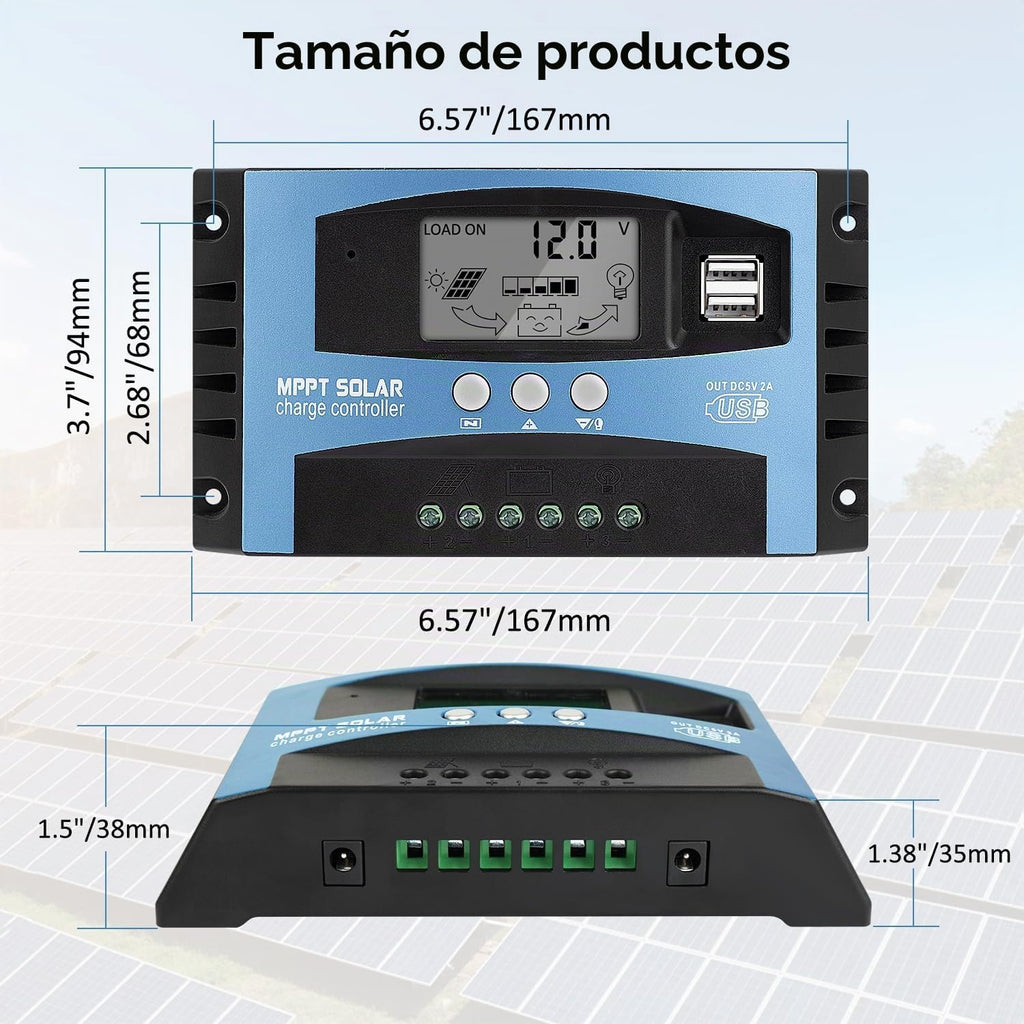 Controlador de carga de panel solar MPPT de 100 A, controlador de cargador de batería solar automático de 12 V/24 V con pantalla LCD, puerto USB dual y temporizador de ajuste de horas de encendido