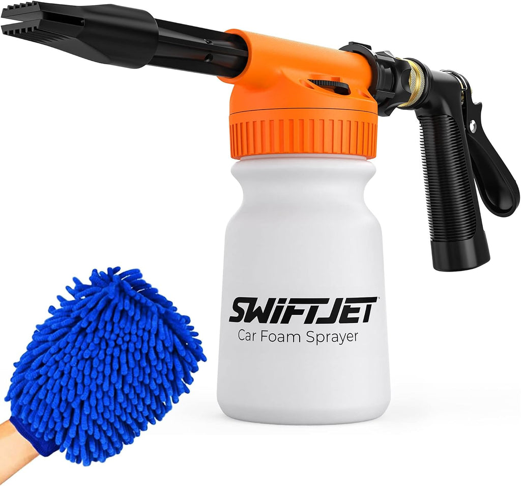 SwiftJet Pistola de espuma para lavado de autos + guante de lavado de microfibra, cañón de espuma que funciona con cualquier jabón, rociador de espuma para manguera de jardín, kit de lavado de autos, accesorios de automóvil (pistola de espuma naranja con
