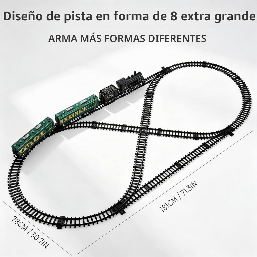 Juegos de tren eléctrico para niños, juguetes de tren de Navidad de aleación de metal, locomotora de vapor, vagones de pasajeros brillantes, pistas de lujo, luz y sonidos, regalos de cumpleaños recargables para niños y niñas, rojo y verde