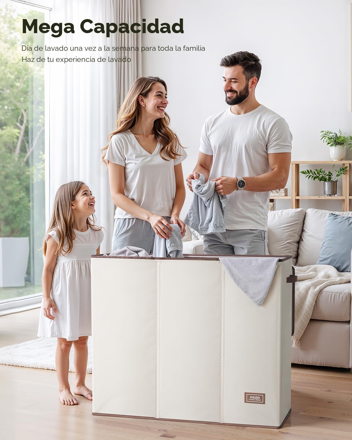 SOLEDI Cesta de Ropa Sucia de 180L de 3 Secciones, Cesta de Ropa Sucia Extra Grande con Tapa, Cesta de Ropa Sucia con Asa Resistente, Organizador de Cesta Grande para Cuarto de Lavado, Dormitorio