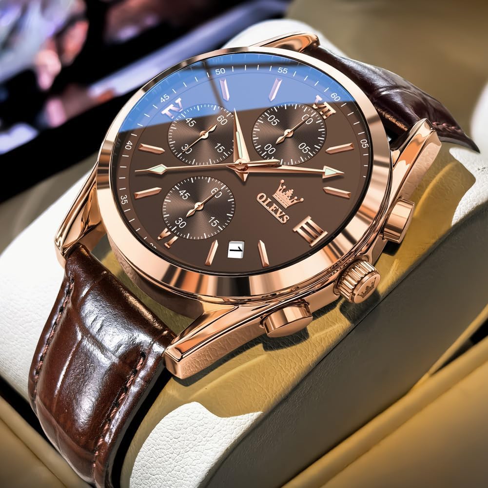 OLEVS Reloj de vestir de cuero para hombre, casual, cuarzo, marrón, pulsera, con fecha