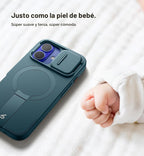 SURITCH Funda para iPhone 16 con cubierta magnética para cámara deslizante y soporte ajustable, compatible con MagSafe, funda protectora delgada a prueba de golpes de 6.1 pulgadas, verde lago