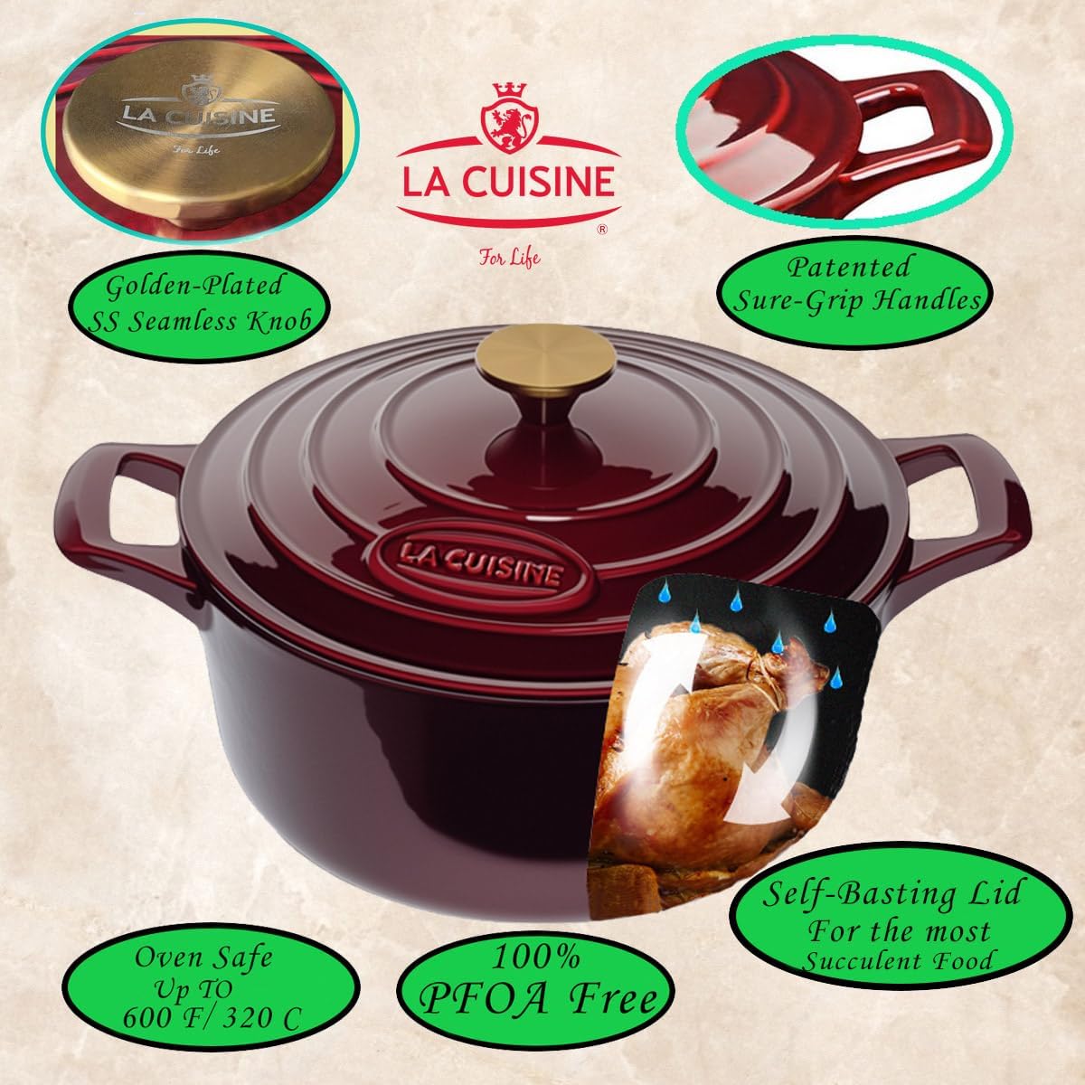La Cuisine Cacerola de hierro fundido esmaltado para horno holandés con mango dorado para tapa, revestimiento interno de esmalte negro mate, 5 cuartos de galón de 10.5 pulgadas de diámetro, apto para horno 550°F/528.8 °F, arándano