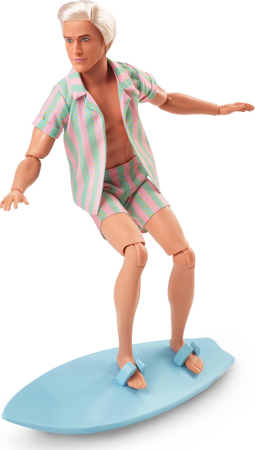 Barbie The Movie Ken Doll con juego de playa a rayas rosa pastel y...