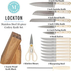 Martha Stewart Lockton - Juego de 16 cuchillos de chef de acero inoxidable de alto carbono forjados, bloque de madera de acacia, asas triples remachadas, lino blanco y dorado