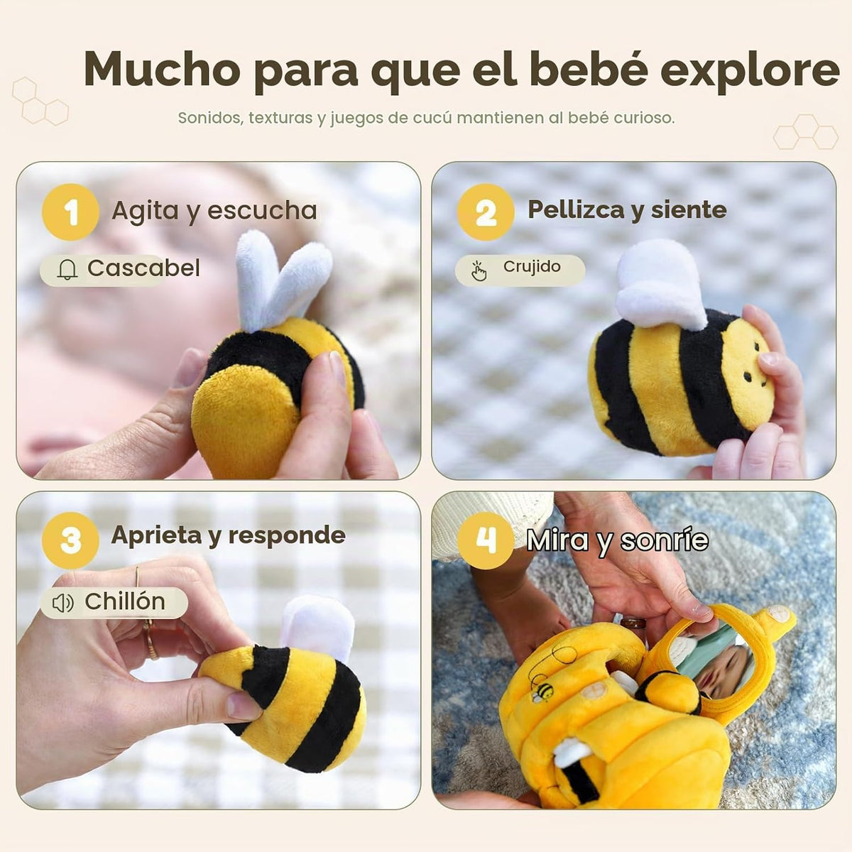 JoyCat Juguetes para bebé 6-12 meses, juguete de colmena con 5 abejas sensoriales, regalo para bebé