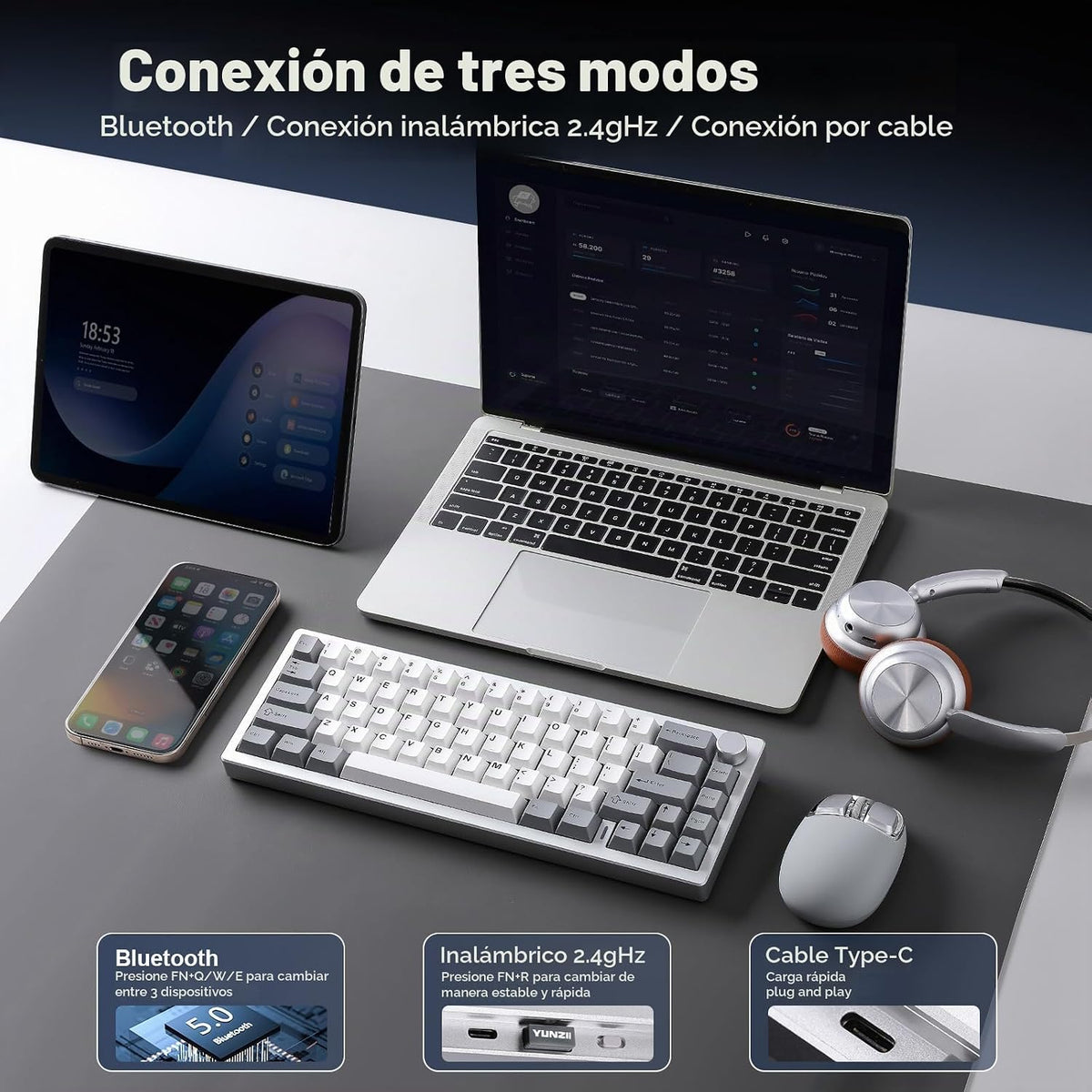 YUNZII Teclado mecánico inalámbrico de aluminio AL68 (plata, Gateron cero)