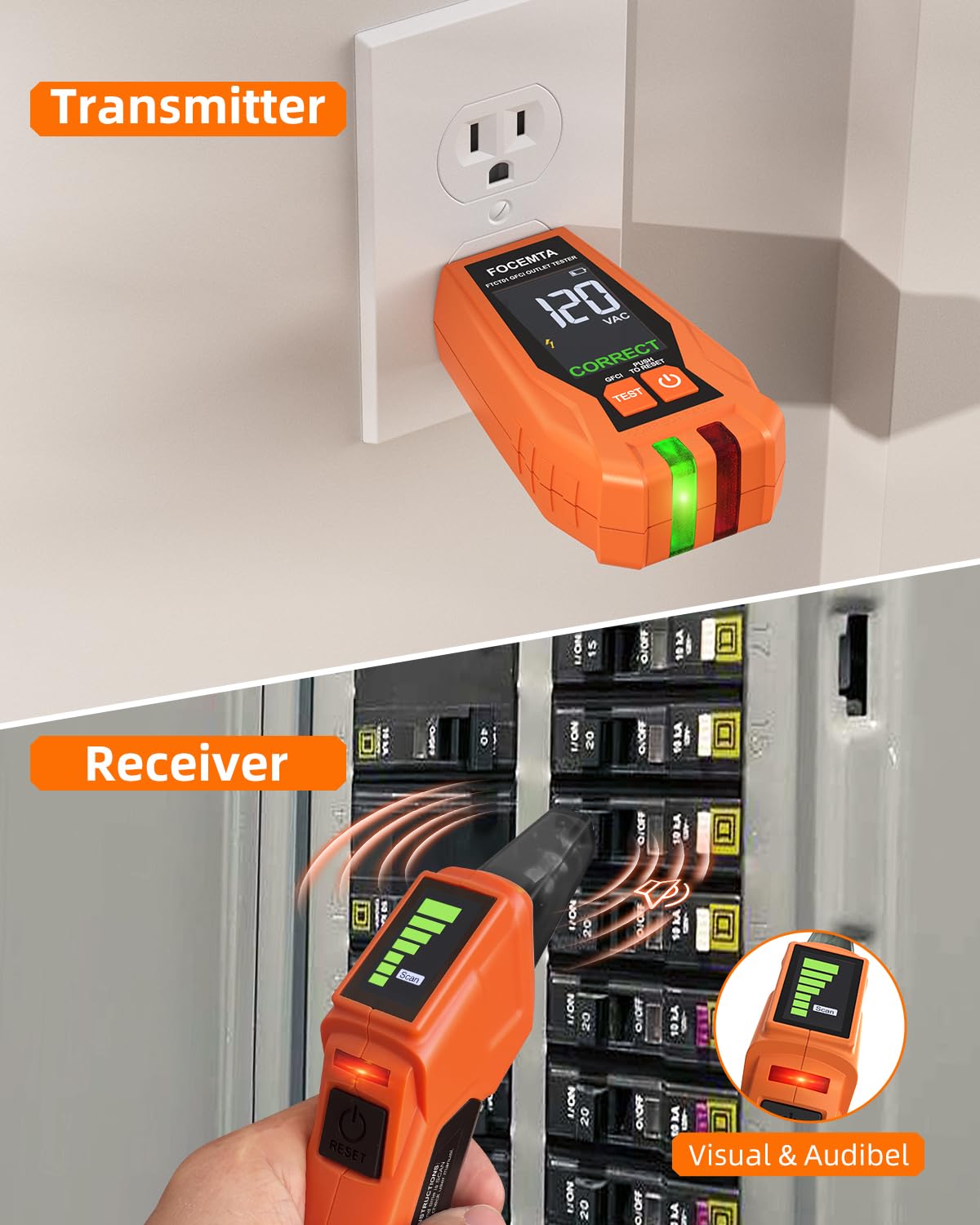 Buscador de disyuntores y probador de salida GFCI con pantalla LCD digital, herramienta de trazador de circuitos eléctricos de 90-135 V para electricistas/bricolaje - Ligero (incluye baterías