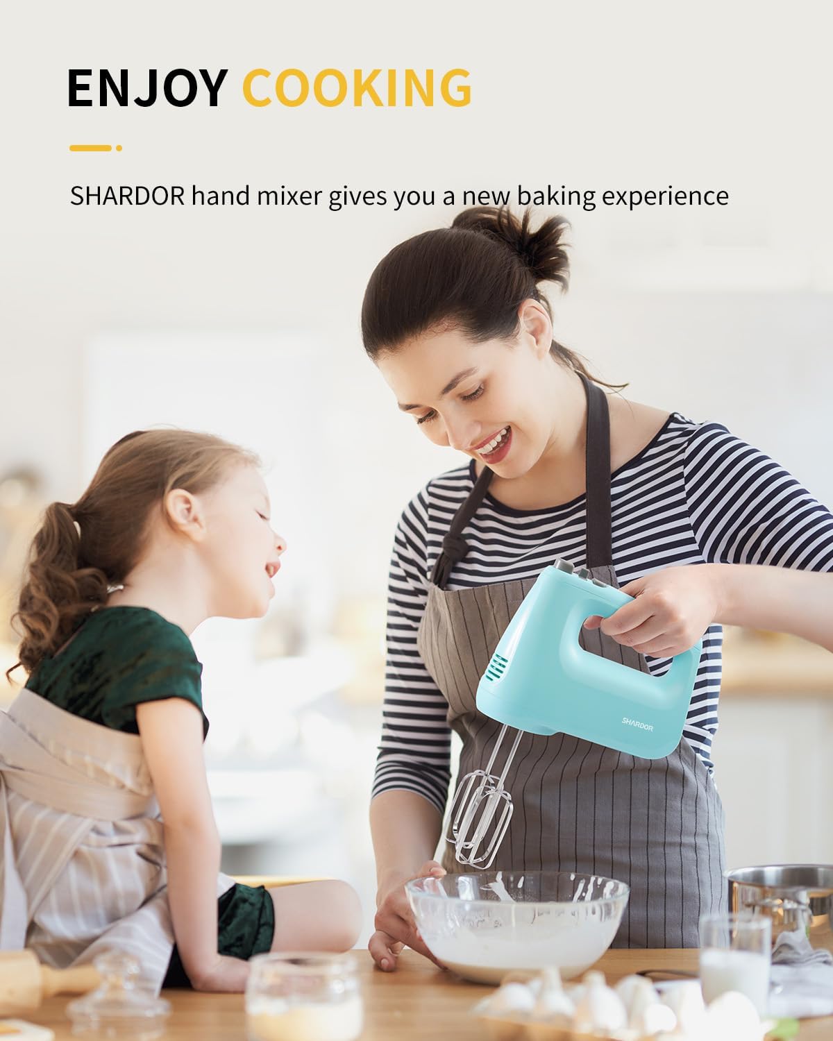 SHARDOR Batidora de mano eléctrica, 6 velocidades y turbo, mezclador eléctrico de mano, estuche de almacenamiento a presión, 5 accesorios de acero inoxidable para batir, mezclar galletas, brownie