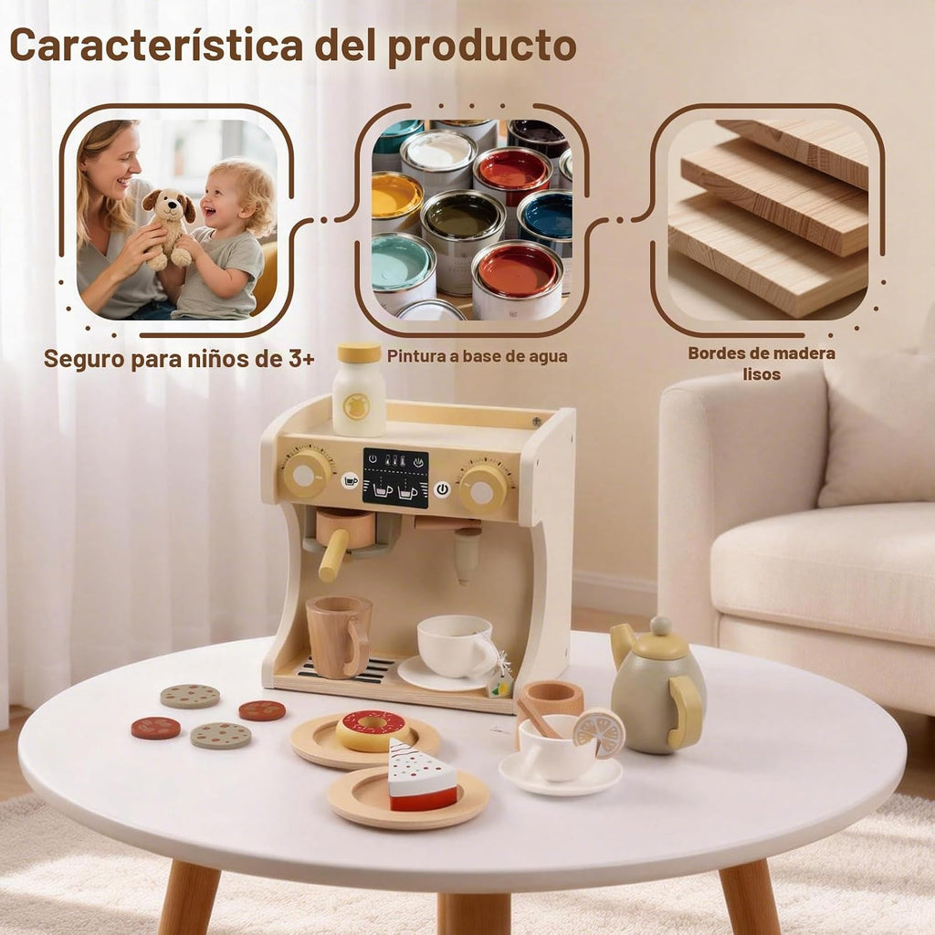 Freniland Juego de cafetera de madera para niños pequeños, máquina de espresso de lujo con accesorios, juguete de cocina Montessori para niños a partir de 3 años