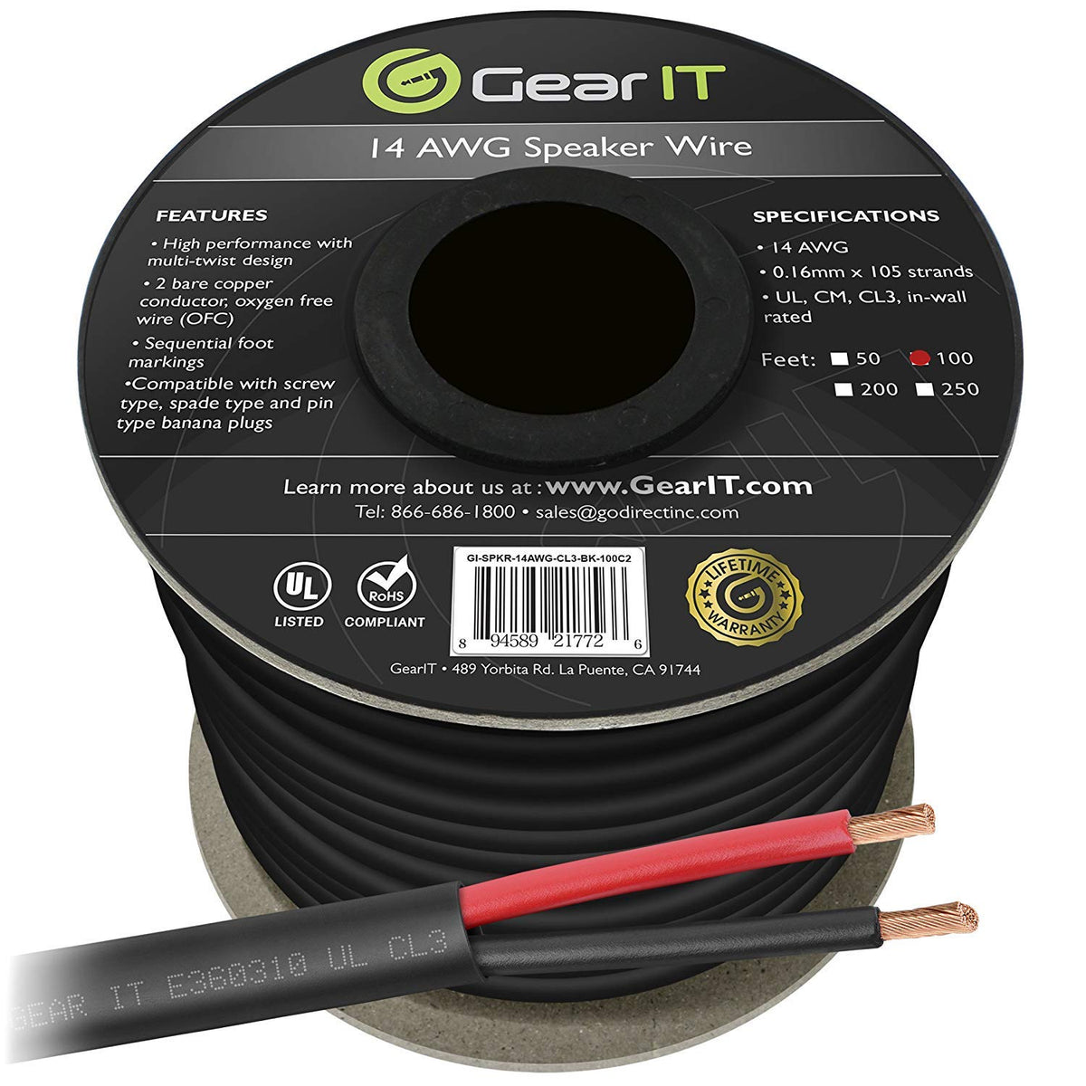 GEARit - Cable de altavoz calibre 14, 100 pies, cable de cobre con