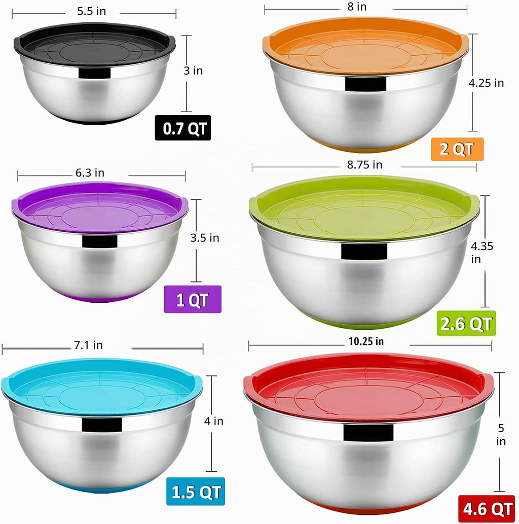 P&P CHEF Juego de 6 cuencos de acero inoxidable con tapas, multicolor