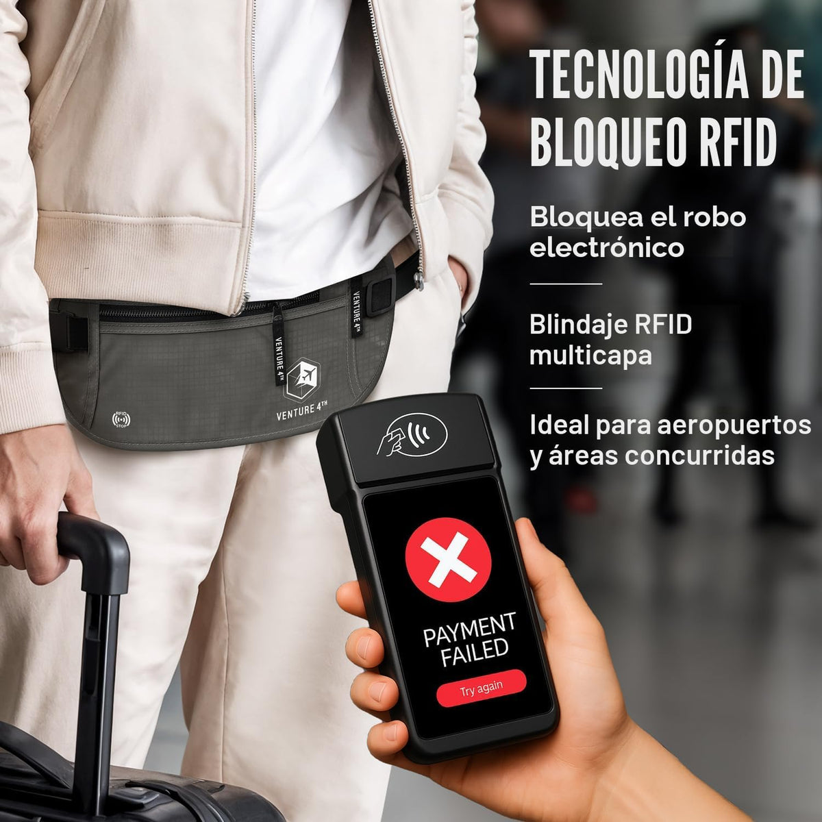 VENTURE 4TH Cinturón de dinero de viaje, RFID bloqueo pasaporte titular - gris