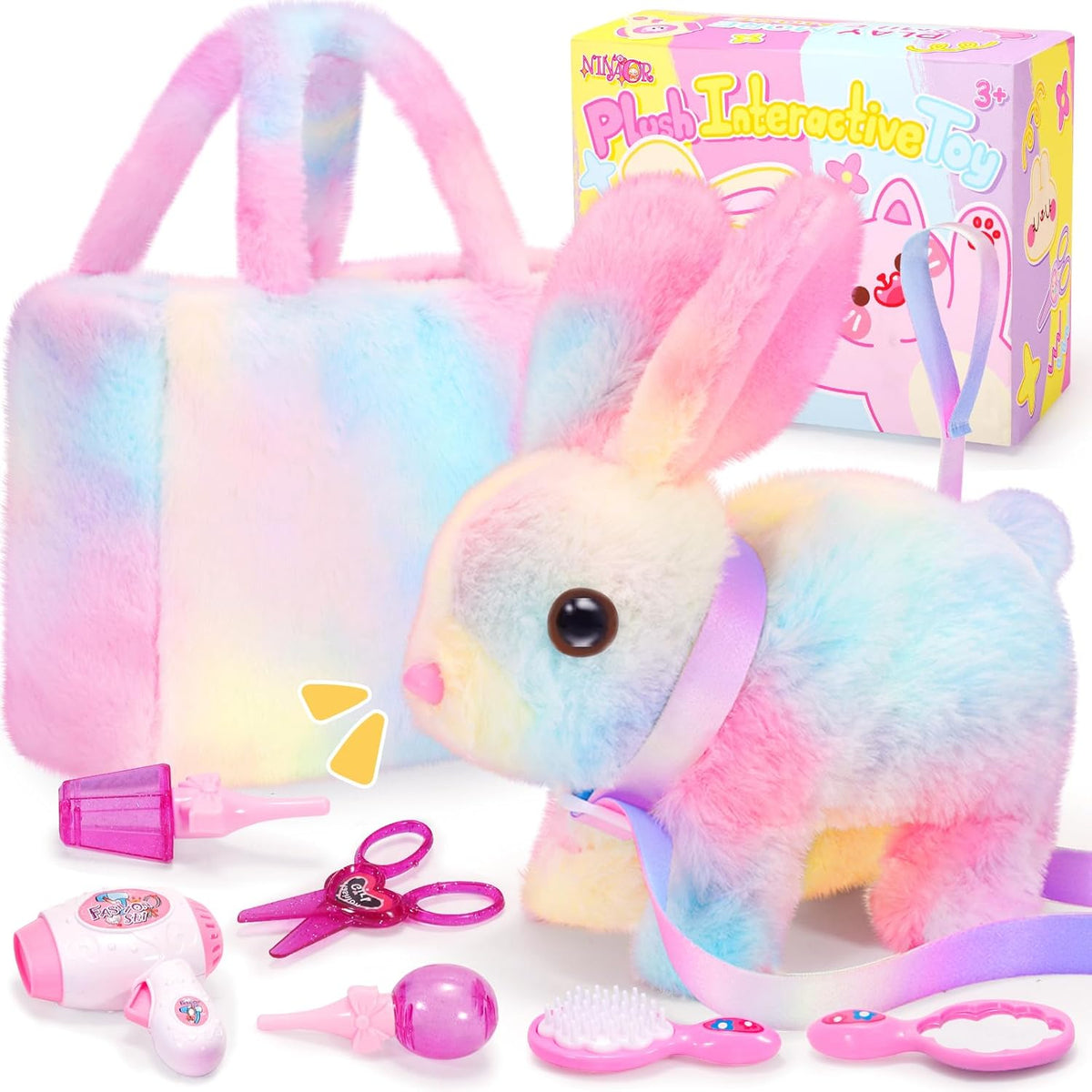 Juguetes interactivos de peluche para niños con bolsas de mano, conejo robot de peluche con correa que salta y orejas que se mueven, juguetes realistas lindos para niños pequeños, regalos de cumpleaños