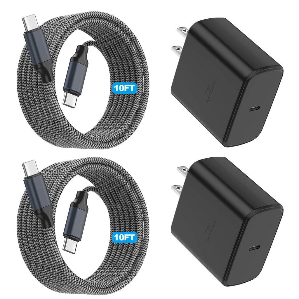 Paquete de 2 Cargador Súper Rápido Samsung de 45W Tipo C, Cable de Carga Tipo C de 10 Pies con Cargador Samsung USB C Cable USB C-C de 10 Pies para Samsung Galaxy S25/S24+/Ultra/S22/S21/S20, iPhone17