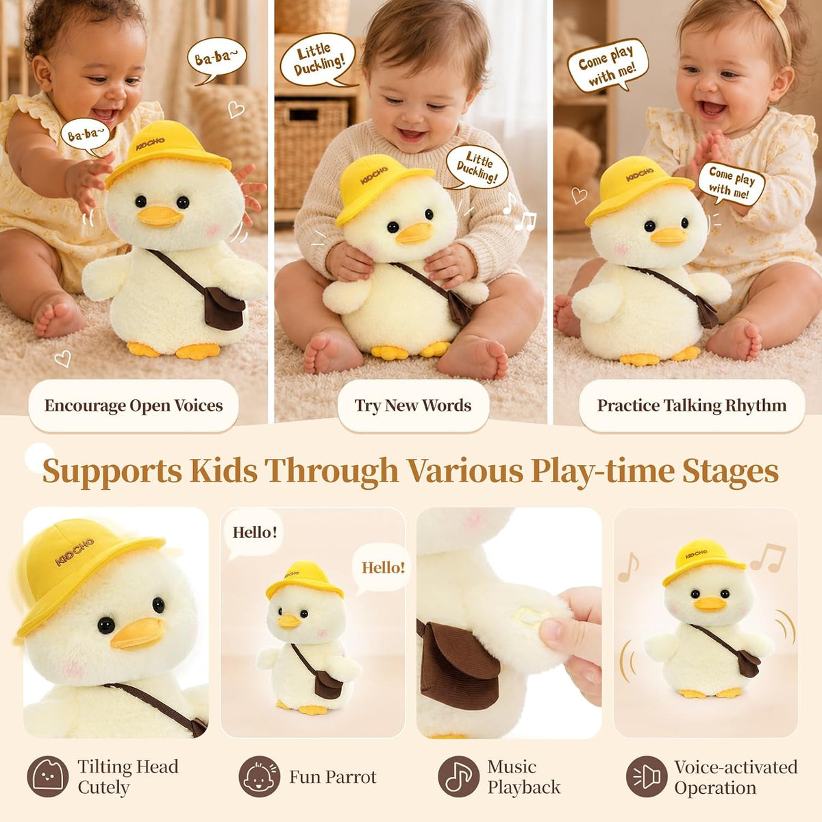 Juguete de peluche de pato, juguete musical sensorial interactivo