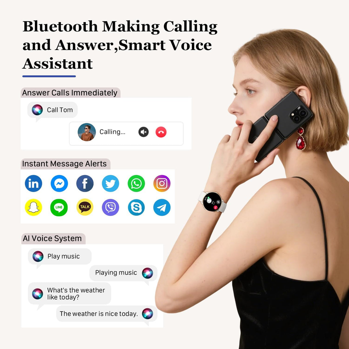 Reloj inteligente para mujer con rastreador de ejercicio: resistente al agua con Bluetooth para respuesta de llamadas, relojes inteligentes para Android/iPhone, digital, reloj inteligente