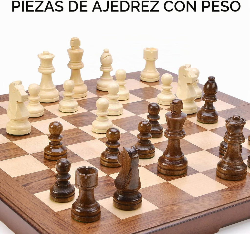 AMEROUS Juego de ajedrez y damas de madera con piezas de ajedrez ponderadas mejoradas, juegos de mesa de ajedrez de 15 pulgadas (2 en 1) para niños, adultos con 2 reinas adicionales/24 piezas de animadores/paquete de regalo