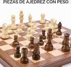 AMEROUS Juego de ajedrez y damas de madera con piezas de ajedrez ponderadas mejoradas, juegos de mesa de ajedrez de 15 pulgadas (2 en 1) para niños, adultos con 2 reinas adicionales/24 piezas de animadores/paquete de regalo