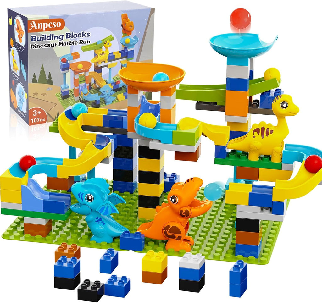 Bloques de Construcción Carrera de Mármol, Pista de Mármol con Dinosaurios, Ladrillos Grandes Clásicos para Niños de 3, 4, 5, 6, 7 + Años, Compatibles con Todas las Marcas Principales