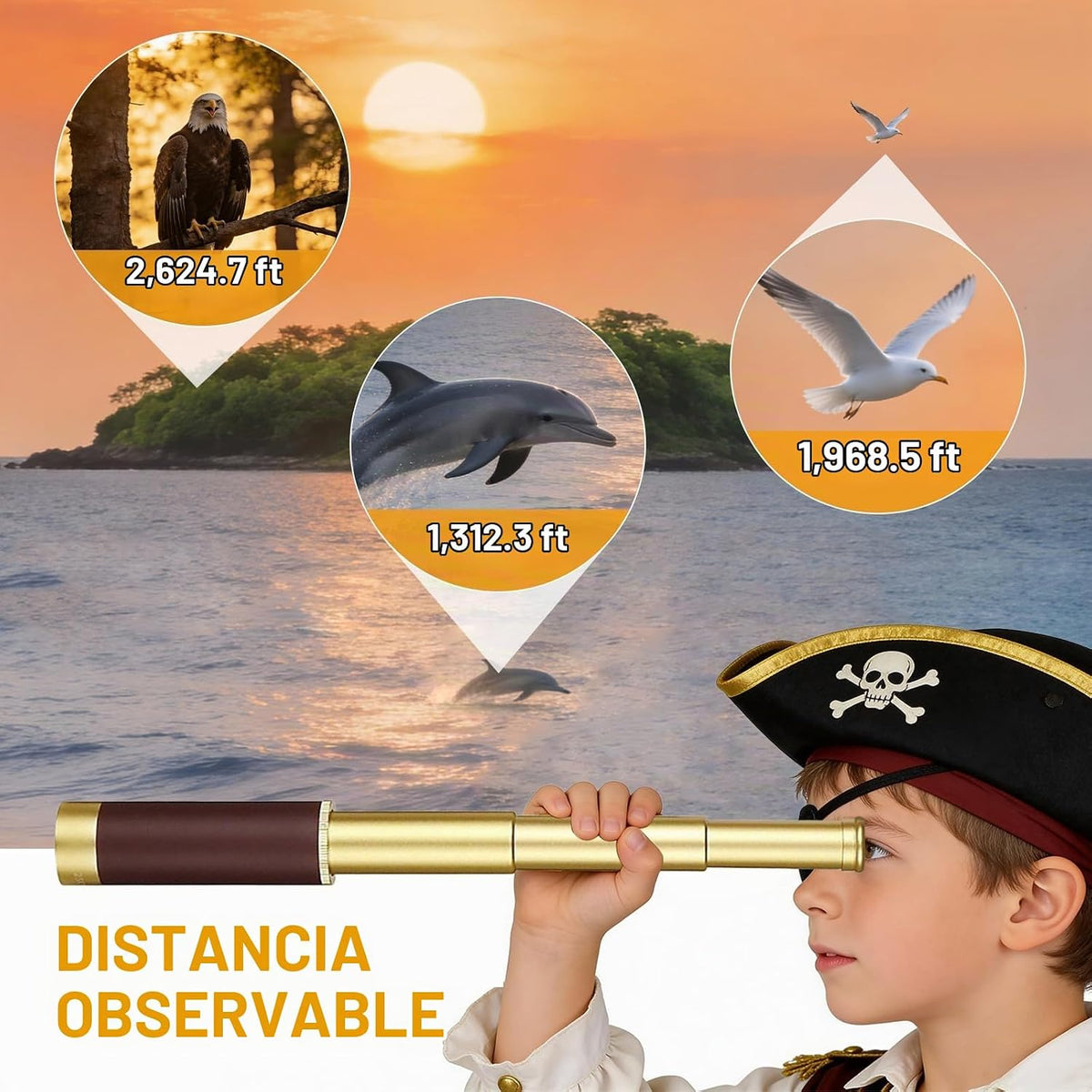Telescopio pirata retro con zoom con mapa del tesoro de 25 x 30 pulgadas, telescopio portátil plegable de mano, monocular vintage para niños y equipo de supervivencia, brújula de bolsillo