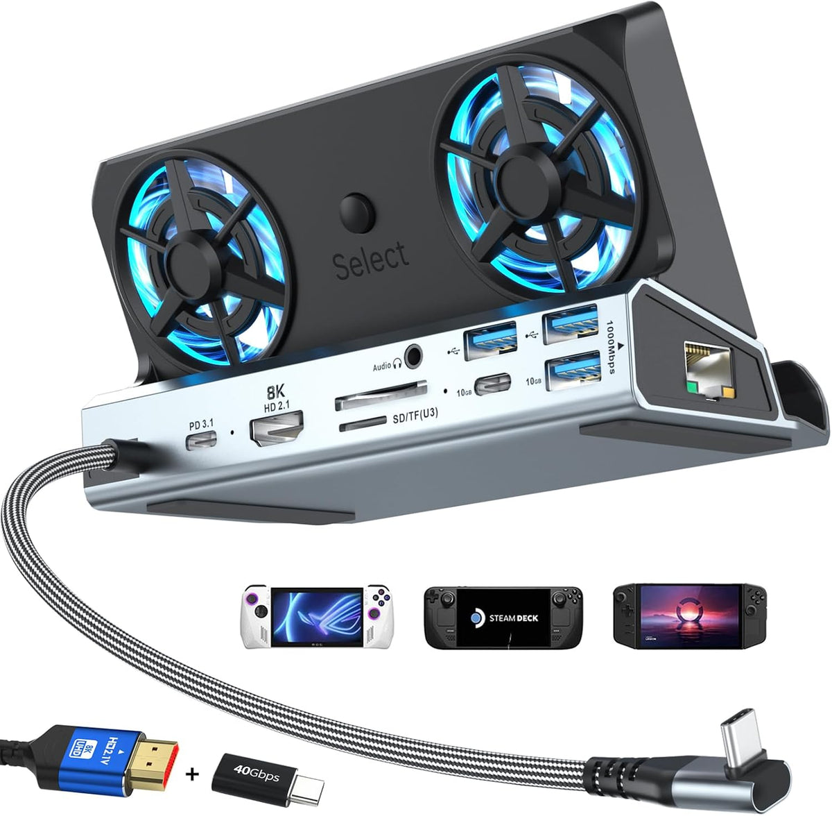 YCE Steam Deck/ROG Ally/Legion Go/Switch 2 Dock con ventiladores de 2 in